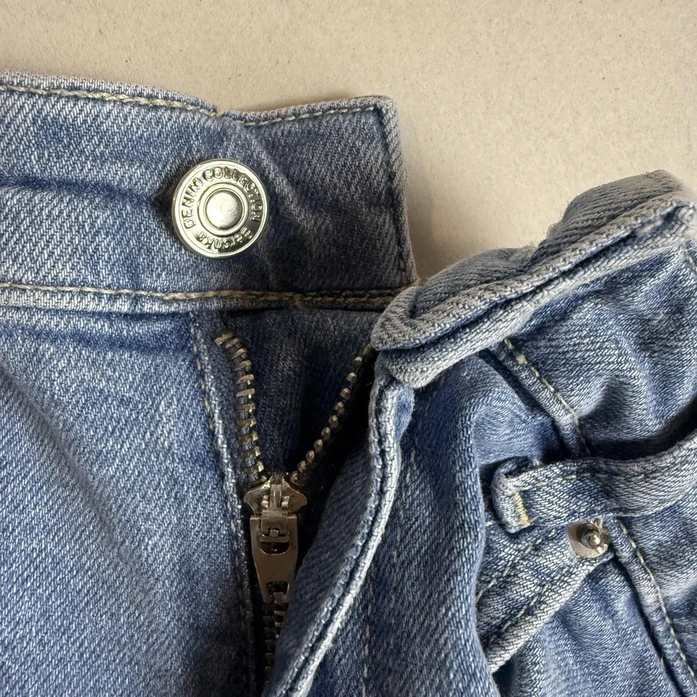 Bershka Flare Jeans Womens 6 Blue Light Wash High Rise Split Hem Stretch Denim